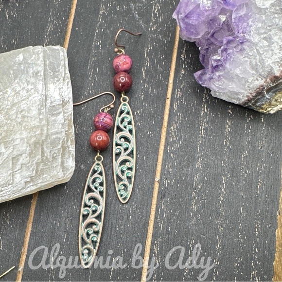 Rustic brass purple Turquoise white charms dangle extra long earrings - Picture 1 of 3